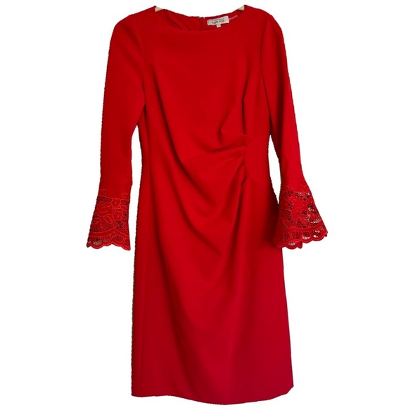 Teri Jon by Rickie Freeman Red Bell-Sleeve Crepe Sheath Dress Size 10 - Picture 1 of 16
